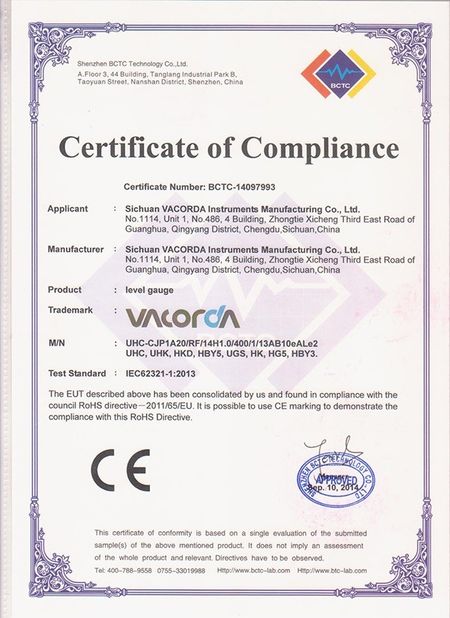Çin Sichuan Vacorda Instruments Manufacturing Co., Ltd Sertifikalar